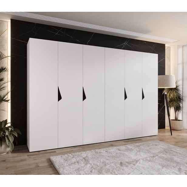 Elegantní šatní skříň 300 cm AMARIS 1 - bílá / černé úchyty