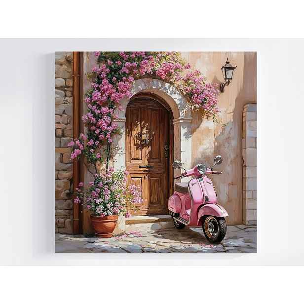 Obraz Na Plátně Canvas Dům Dveře Vchod Růžový Skútr Květiny Léto 50x50