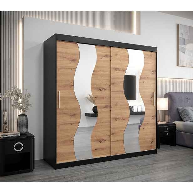 Šatní skříň JESIKA - šířka 200 cm, černá / dub artisan