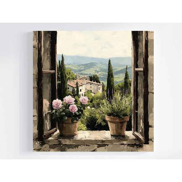 Obraz Na Plátně Canvas Okno Itálie Toskánsko Květiny Růže Levandule 50x50