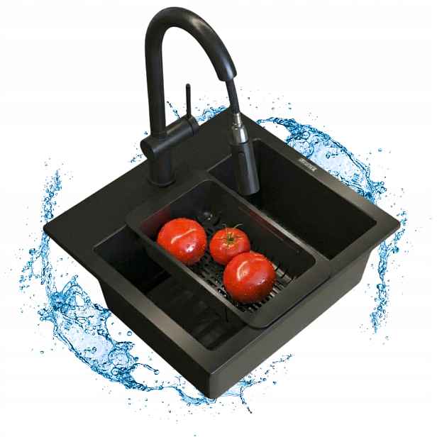 Granitový dřez jednokomorový kuchyňský set Tiny černý 5 v 1