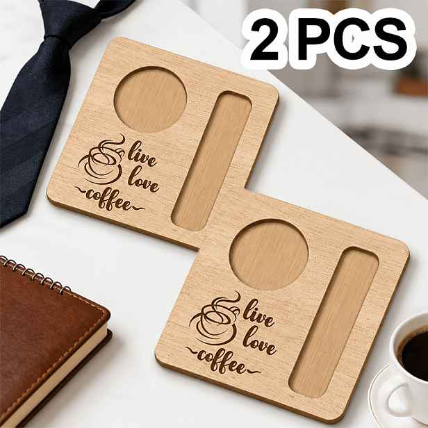 TEMU 2ks Dřevěná podnosová vanička Love Coffee pro živé vysílání, dárek ke Dni otců, čtvercová podložka pod kávu s otvorem na lžičku, roztomilá