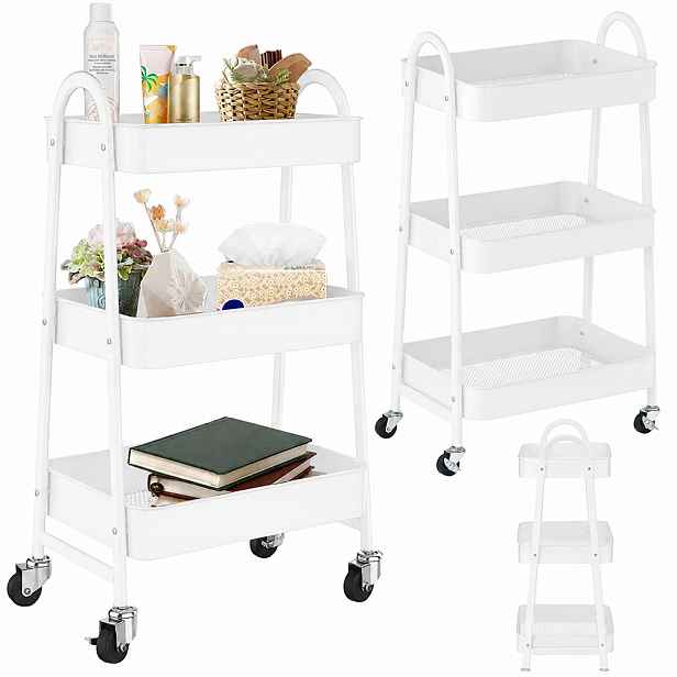 Verk 27493 Třípatrový kovový regál na kolečkách 78 x 46 x 26 cm, bílý