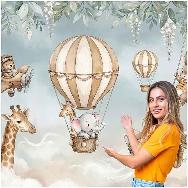 Fototapeta Pro Děti Zvířata Listy Balón Mraky 196x260 DD01W
