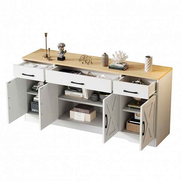 OKWISH BOČNÍ skříň 160/37/75 cm bílá z MDF s 3 zásuvkami a 4 dvířky