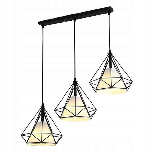 Závěsná lampa trojitá černá drátěné diamanty bílé stínidla 3 body Abigali