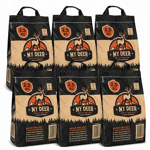 Sada 15 kg briket z dřevěného uhlí pro grilování 6 x 2,5 kg My Deer