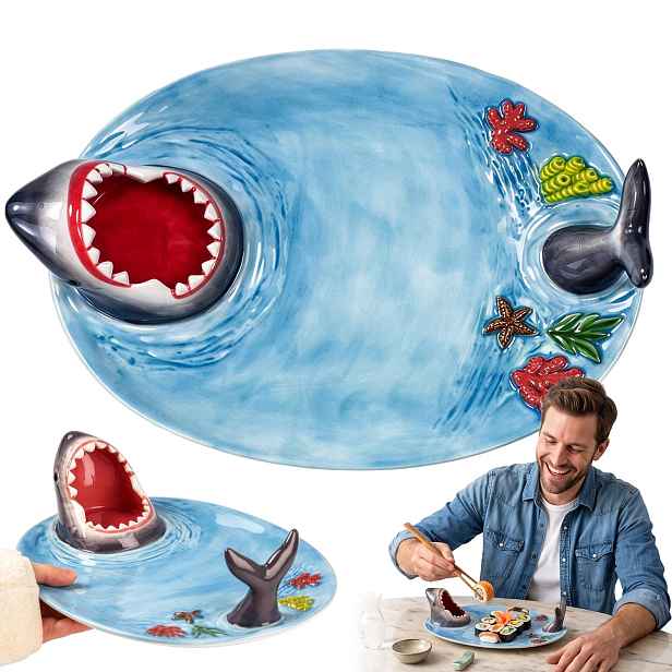 Talíř Žralok Keramický Modrý 33x24 cm Na Sushi Občerstvení Mikrovlnná trouba