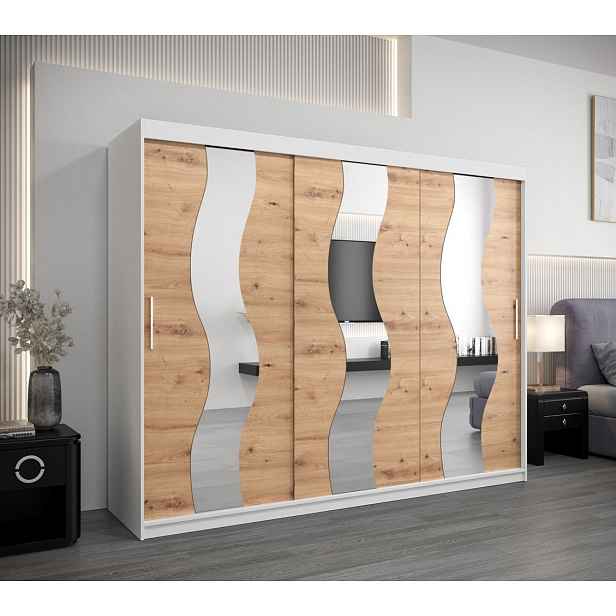 Skříň s posuvnými dveřmi HEDVIKA - šířka 250 cm, bílá / dub artisan