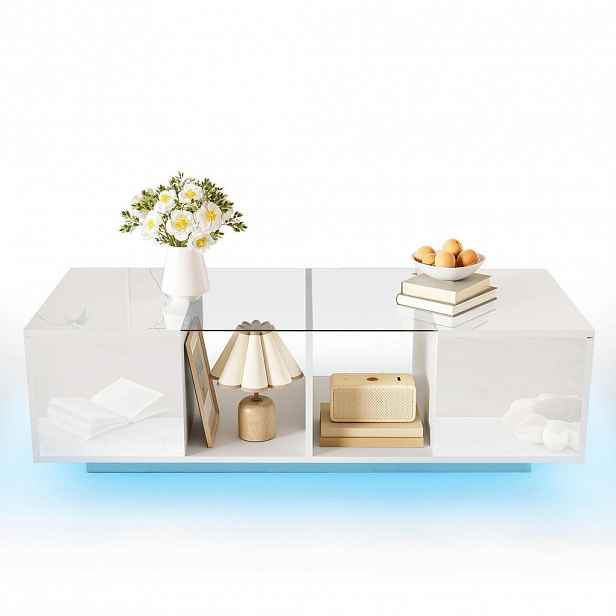 STILVORA KONFERENČNÍ STŮL v bílé barvě s LED osvětlením a lesklou deskou do obýváku, 120×50×38,5 cm