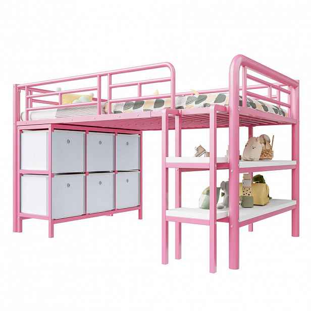 CHICFURN VYVÝŠENÁ POSTEL 90/200 cm v bílé a růžové barvě s úložným prostorem
