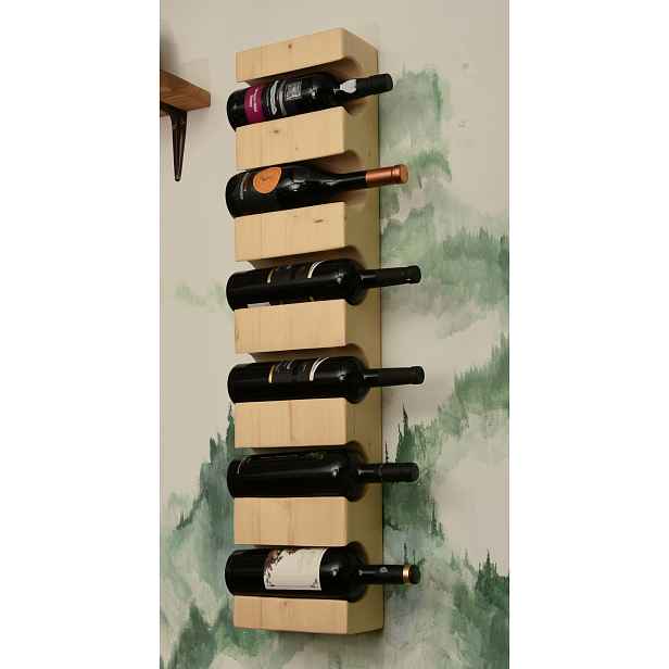 Dřevěný nástěnný stojan na víno, 6 lahví, ručně vyráběný, opalovaný loft