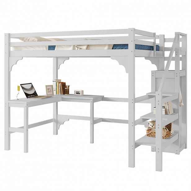 OKWISH PATROVÁ postel 140/200 cm s L-stylovou deskou z borovicového dřeva v bílé barvě