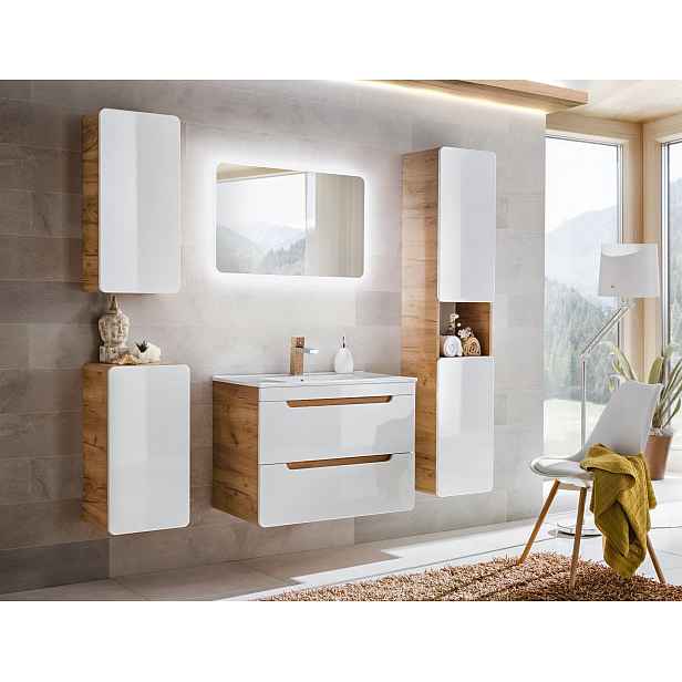 Koupelnový nábytek Atako sestava A, craft/bílý lesk + umyvadlo + zrcadlo