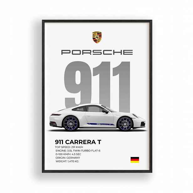 Obraz Auto Porsche 911 Carrera T Plakát Rámeček Dřevěný Černý 30x42 cm
