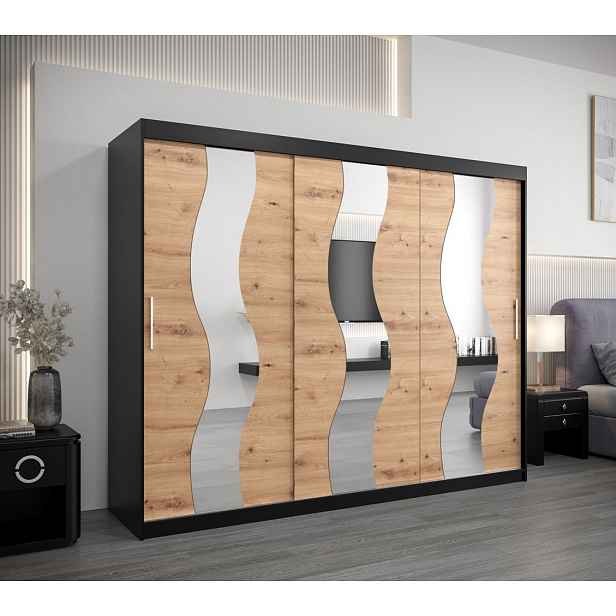 Skříň s posuvnými dveřmi HEDVIKA - šířka 250 cm, černá / dub artisan