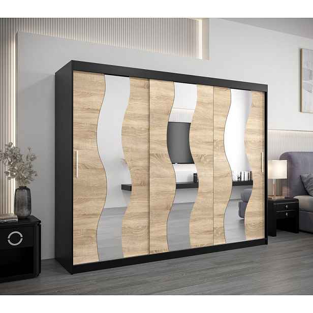 Skříň s posuvnými dveřmi HEDVIKA - šířka 250 cm, černá / dub sonoma