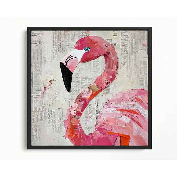 Obraz Rám Americký Box Koláž Mixed Media Noviny Pták Růžový Plameňák 50x50
