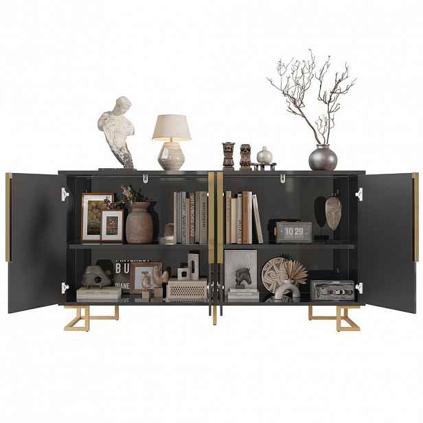 OKWISH BOČNÍ skříň 152/40/75 cm černá z MDF s geometrickými dvířky a zlatými detaily