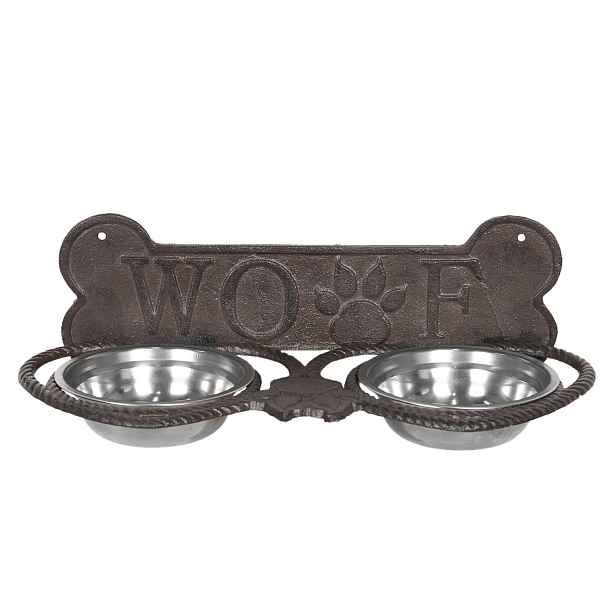 Misky pro psa ve stojanu s kostí a nápisem Woof - 39*18*12 cm Clayre & Eef