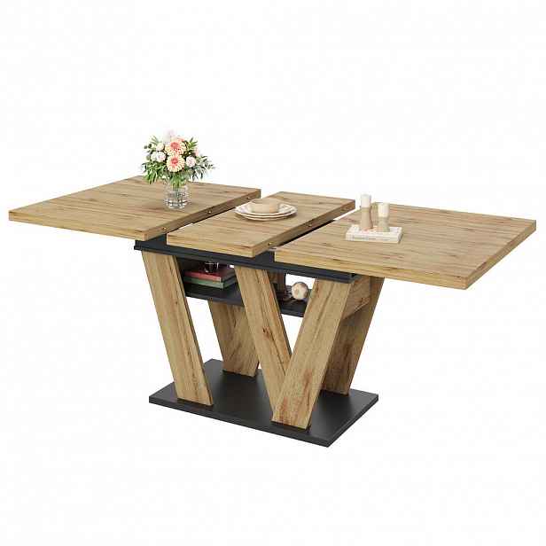 OKWISH JÍDELNÍ stůl 119–158,5/80/75 cm černý/přírodní z MDF rozkládací s úložnou policí