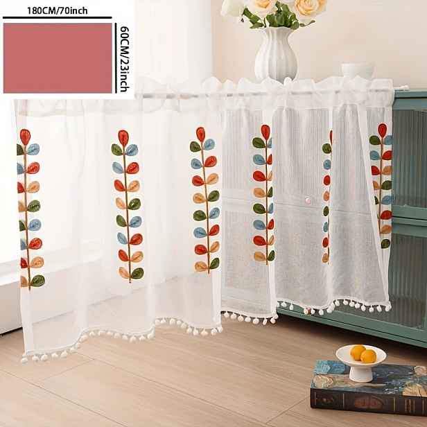 TEMU Zářivá Závěs s Čtyřbarevným Designem Listů a Trávy - Poloprůhledný Polyester s Nadýchanými Okraji Pom-Pom, Snadno Zavěsitelný Styl s Kapsou na