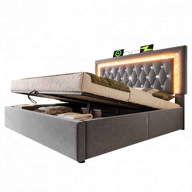 OKWISH ČALOUNĚNÁ postel 180x200 cm šedá ze sametu s LED páskem, USB a USB-C, úložným prostorem