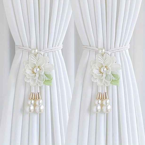TEMU 2 ks Elegantní perlové květinové zavěšení záclon, nastavitelný design, zahradní styl, doplňky pro domácí dekoraci záclon