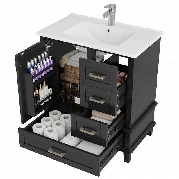 OKWISH KOUPELNOVÁ skříňka 76/45,5/83,5 cm černá z MDF a keramiky s keramickým umyvadlem