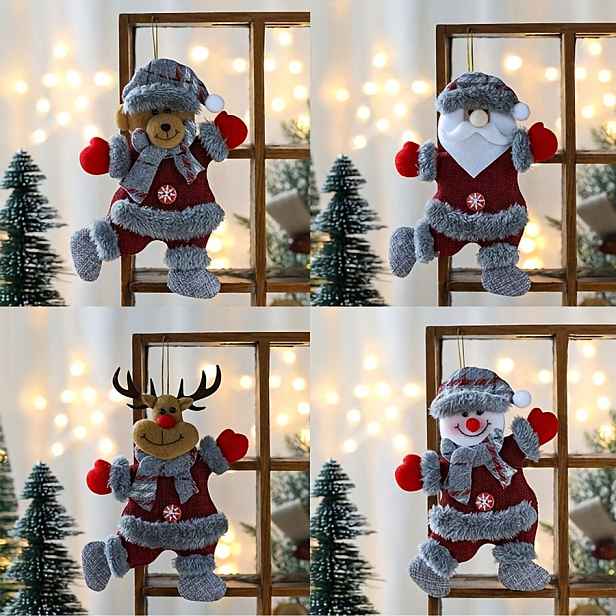 TEMU 4 ks Vánoční ozdobná sada: Sob, Medvěd, Santa Claus, Sněhulák – Závěsné dekorace vhodné na okna a stromky, Sezónní dekorace, Vintage styl, Lehká