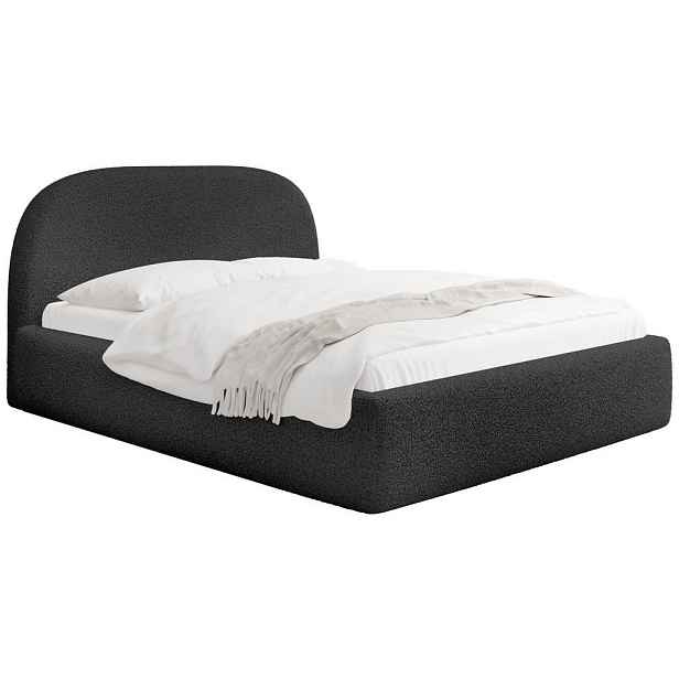 WFL GROUP ČALOUNĚNÁ POSTEL Puro s úložným prostorem, roštem a vysokým zaobleným čelem – Černá Bukle 160x200 cm