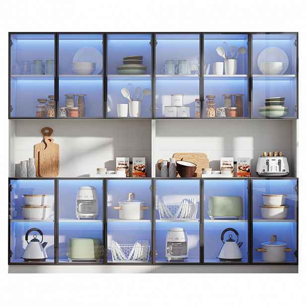 OKWISH VITRÍNA 240/34/200 cm bílá z MDF a skla s LED osvětlením a 12 dvířky