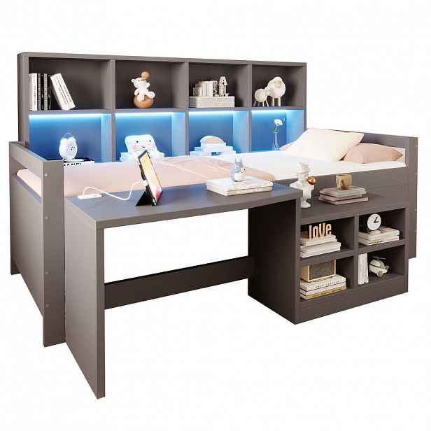 CHICFURN VYVÝŠENÁ POSTEL 90/200 cm v šedé barvě se stolem, úložnými prostory, LED a USB