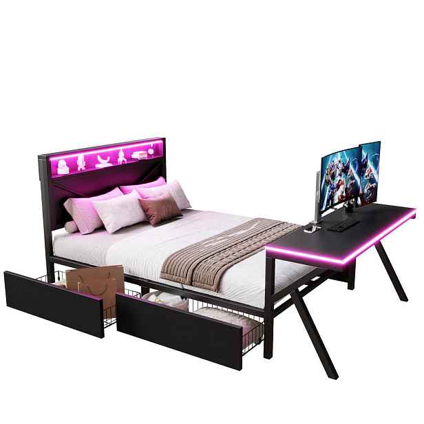 Redom POSTEL 140/200 cm s LED čelem, LED stolem, 2 zásuvkami a kovovou konstrukcí, Černá