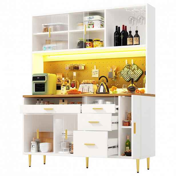 OKWISH VYSOKÁ skříň 145/39/171 cm bílá ze skla a MDF s LED osvětlením a posuvnými dveřmi