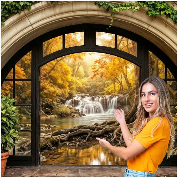 Fototapeta 3D Tunel Chodba Krajina Za oknem Vodopád 490x280 TUN43W
