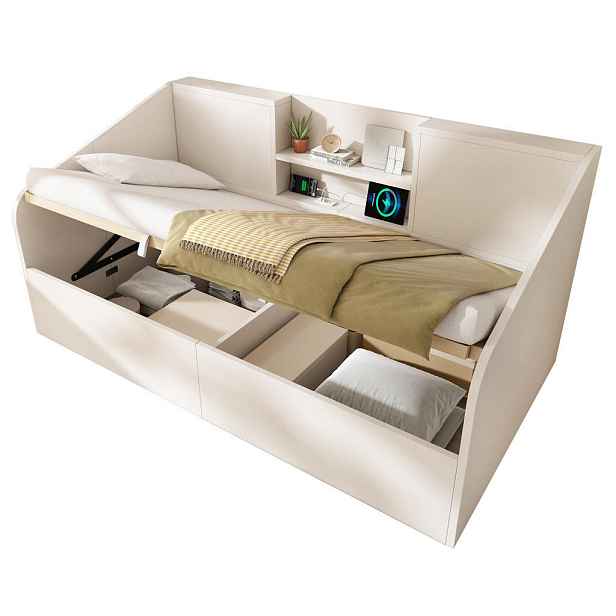 Redom DENNÍ postel 90/190 cm s hydraulickým úložným prostorem, USB a Type-C nabíjením, dřevěná, Bílá