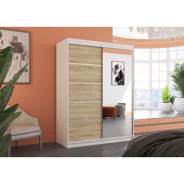 Šatní skříň se zrcadlem 150 cm GABRINA - bílá / dub sonoma