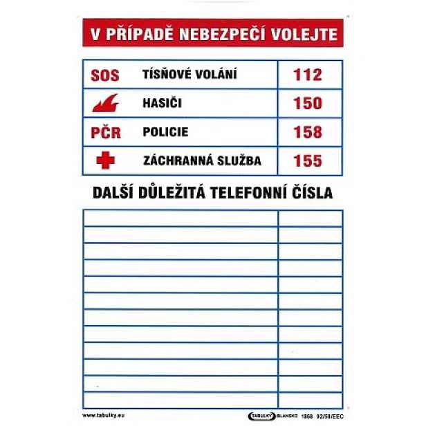 Tabule informační Tabulka důležitých telefonních čísel A4