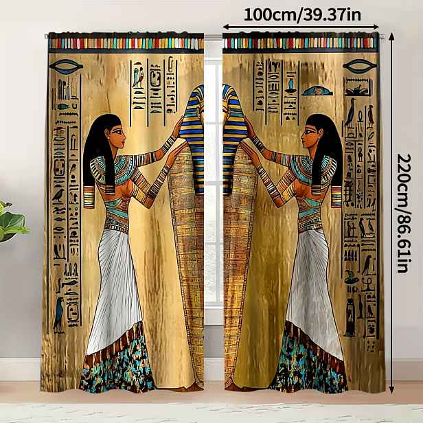 TEMU 2 ks, 2D Ploché Tiskové Závěsy s Módním pro Všechna Roční Období, Hieroglyfy Staroegyptské Královny, Polyester, do Kuchyně, Kavárny, Obývacího