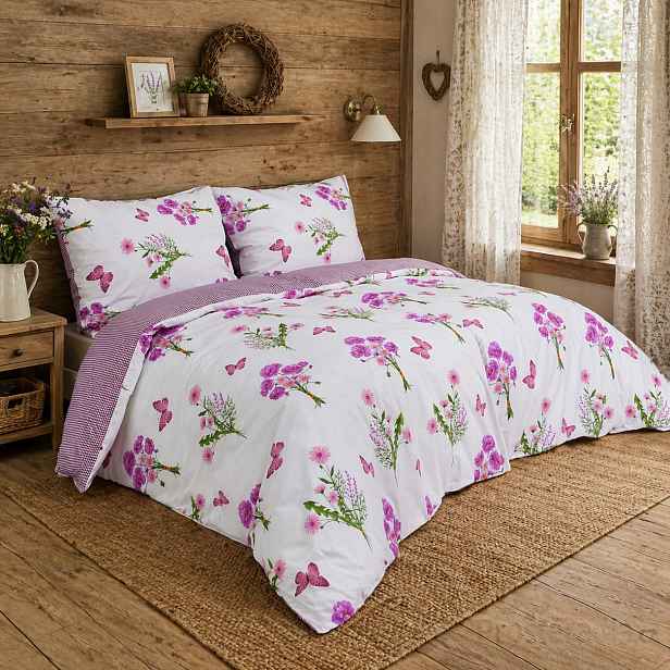 TP Prodloužené bavlněné povlečení 140x220+70x90 - Jaro fialové