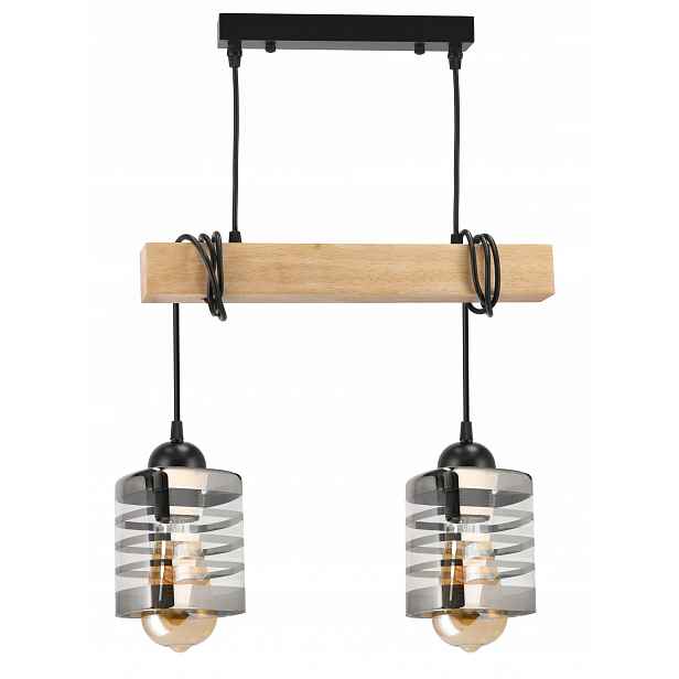 Závěsná Led lampa Dřevo Svítidlo 2xE27 Lustr Skleněné proužky