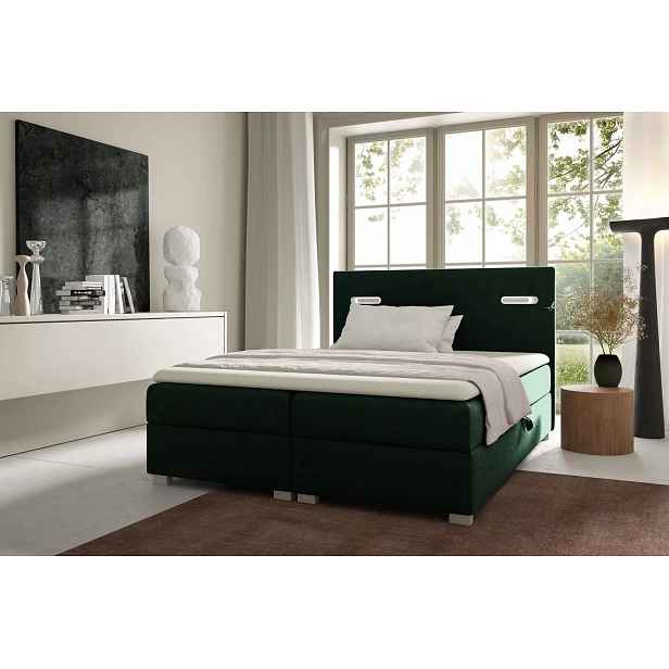 Čalouněná postel 160x220 MIRONA s LED osvětlením - láhvově zelená + topper ZDARMA