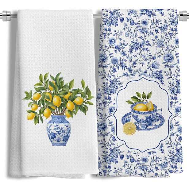 TEMU Sada 2 ks 16*24 palců kuchyňských utěrek s citronovým , s modrobílým letním citronovým designem, ideální pro dekoraci kuchyně a lze je také