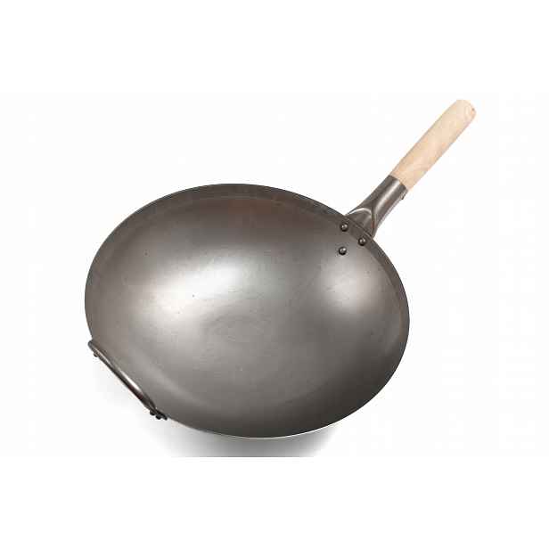 Wok z uhlíkové oceli s kulatým dnem 35 cm, dřevěná rukojeť