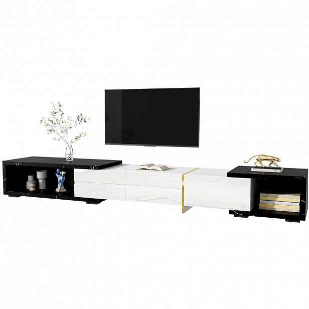 Redom TV stolek 140-260/40/30 cm s otočnou a variabilní délkou, mramorový dekor, vysoký lesk a zlaté detaily, Bílá/Černá