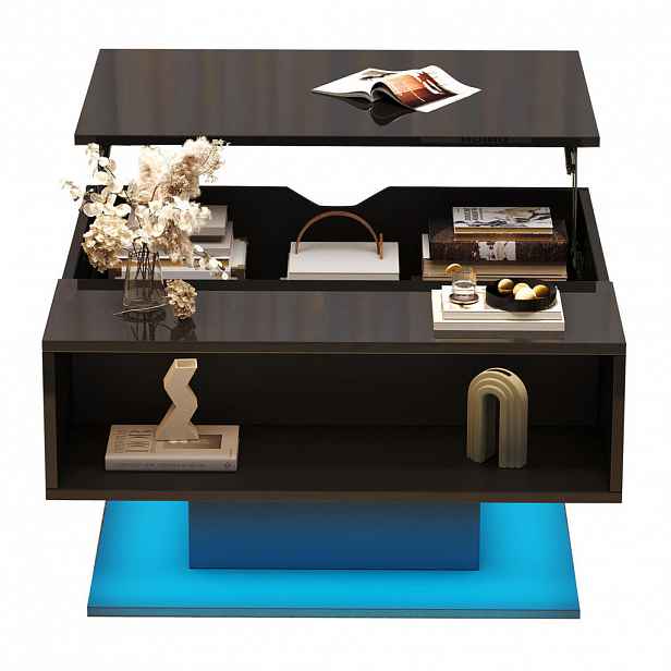 Redom KONFERENČNÍ stolek 80/75/40 cm s výklopnou deskou, LED osvětlením a skrytým úložným prostorem, černá