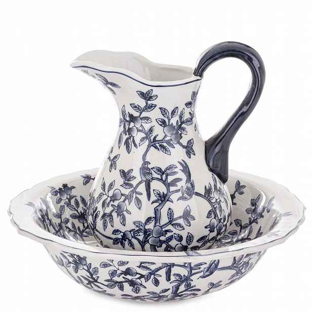 Váza s dekorativní porcelánovou mísou, sada v čínském stylu, modrá a bílá