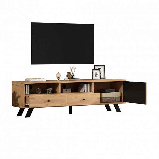 Redom TV stolek 150/38/44 cm s 2 zásuvkami, skříňkou a otevřenými přihrádkami, vhodný pro TV do 60", Dubová barva