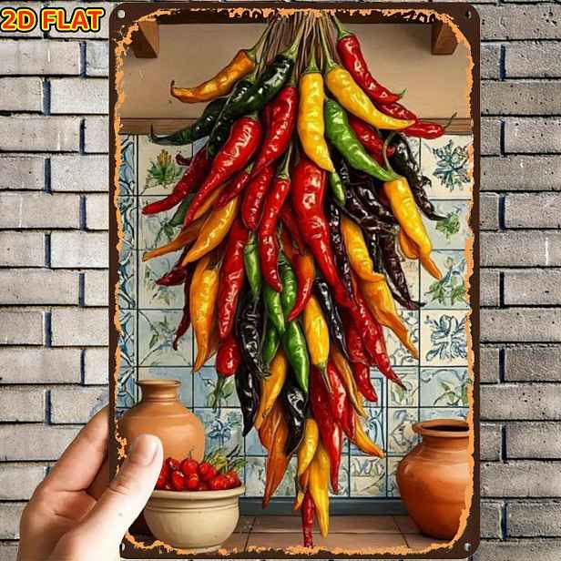 TEMU 2D plochý, 2D plochý, 1 ks, barevná kovová plechová cedule s zavěšené chilli papričky, s předvrtanými otvory, vhodná pro interiér, zahradu,